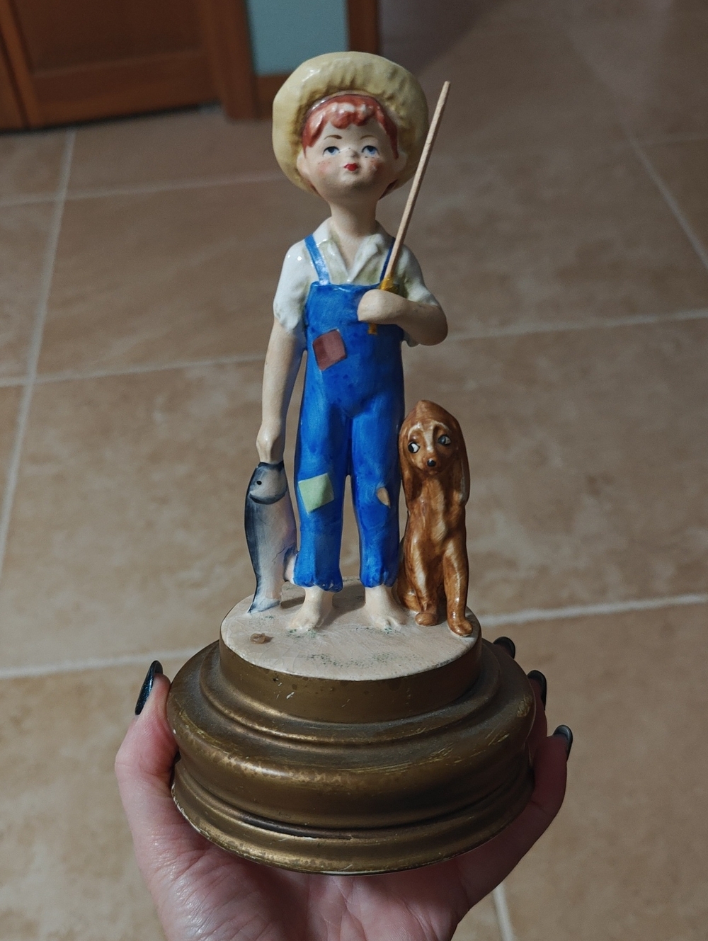 Hand-Painted Musical Ceramic Boy Fishing with Dog Figurine in Blue Overalls